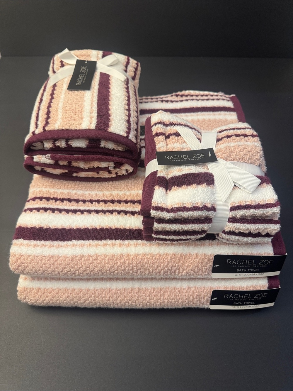 8pc RACHEL ZOE 100% Cotton Striped Bath Towel Set with Locker Loops - RZ PALAZZO